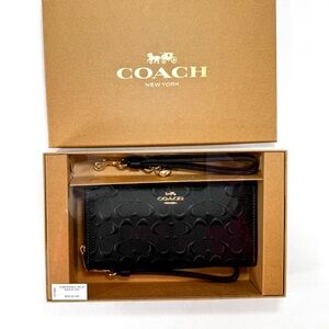 Coach Black Embossed Signature Zip Around Wallet w/ Wristlet Straps | NWT Boxed